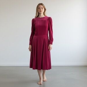 Vintage LAURA ASHLEY Pink Magenta Cottagecore Corduroy Long Sleeve Dress - 14